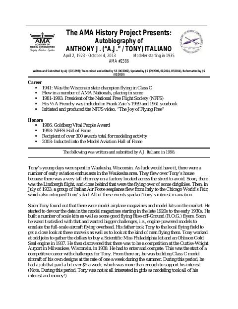 First page of Anthony (A.J./Tony) Italiano