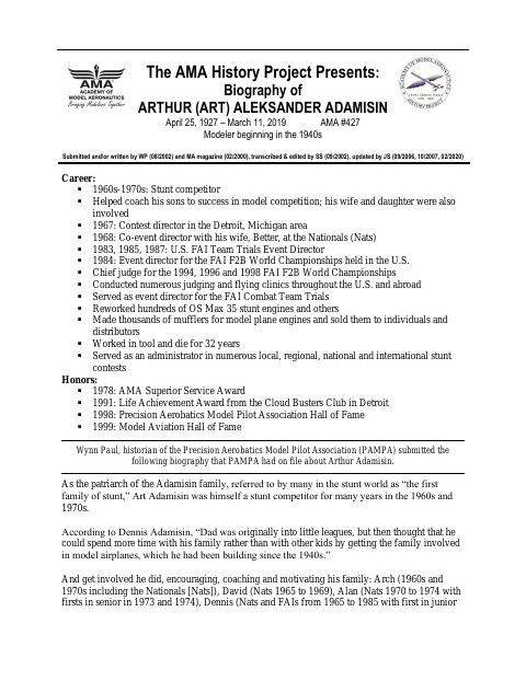 First page of Arthur A. (Art) Adamisin