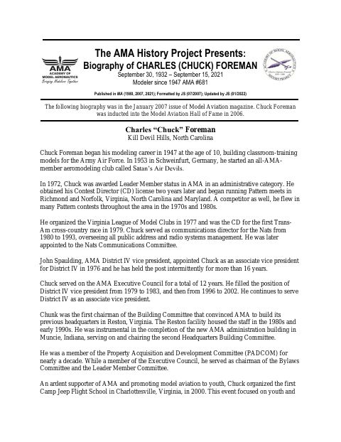 First page of Charles (Chuck) Foreman