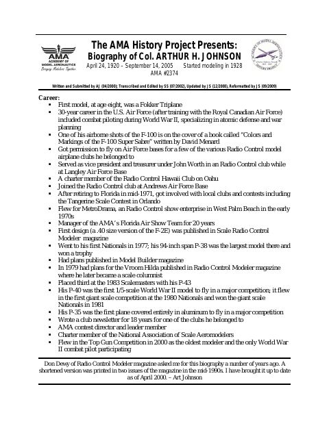 First page of Col. Arthur H. (Art) Johnson