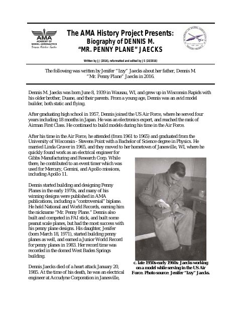 First page of Dennis M. (Mr. Penny Plane) Jaecks