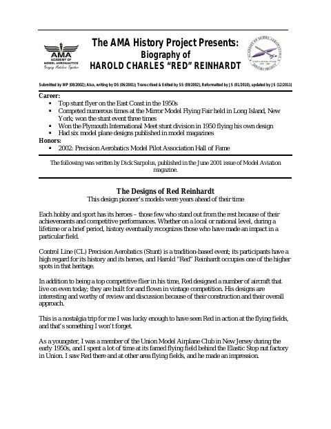 First page of Harold Charles (Red) Reinhardt