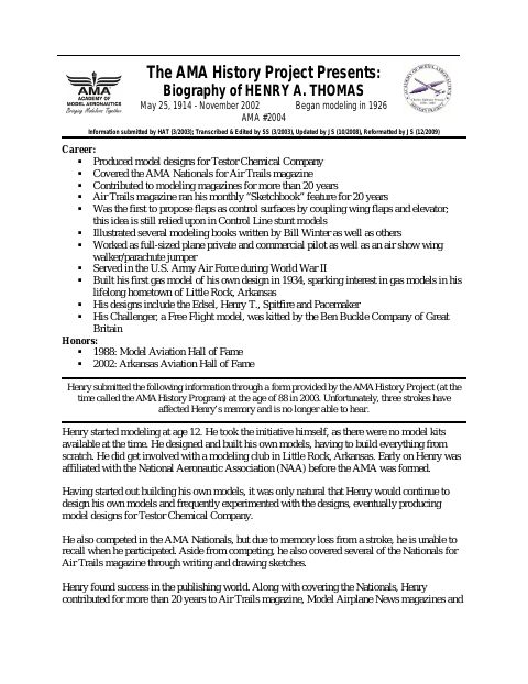 First page of Henry A. Thomas