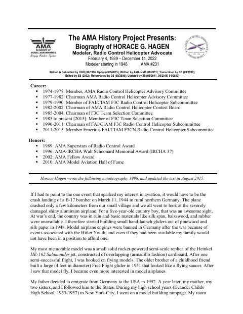 First page of Horace G. Hagen