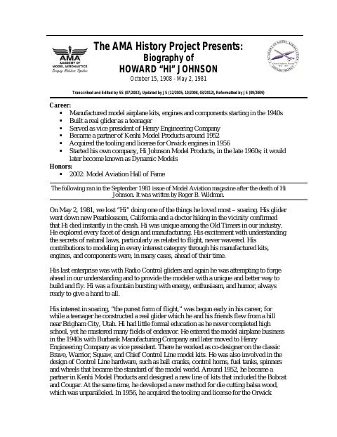 First page of Howard (Hi) Johnson