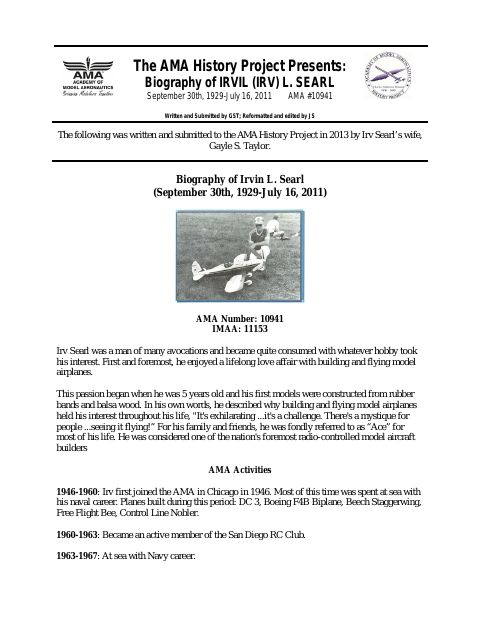 First page of Irvin (Irv) L. Searl