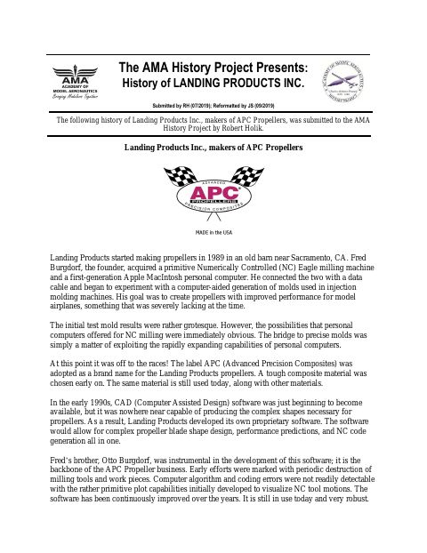 First page of Landing Products, Inc., maker of APC Propellers