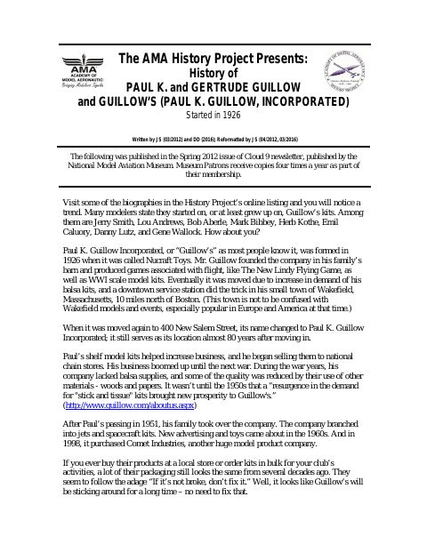 First page of Paul K. Guillow Incorporated ("Guillow's", previously NuCraft Toys)