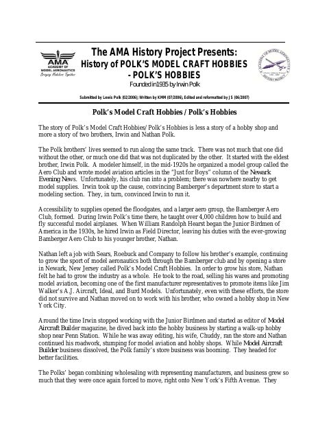First page of Polk’s Model Craft Hobbies/ Polk’s Hobbies