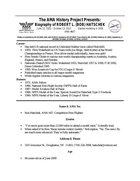 First page of Robert L. (Bob) Hatschek