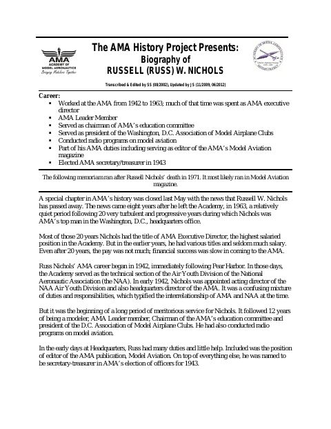 First page of Russell (Russ) W. Nichols