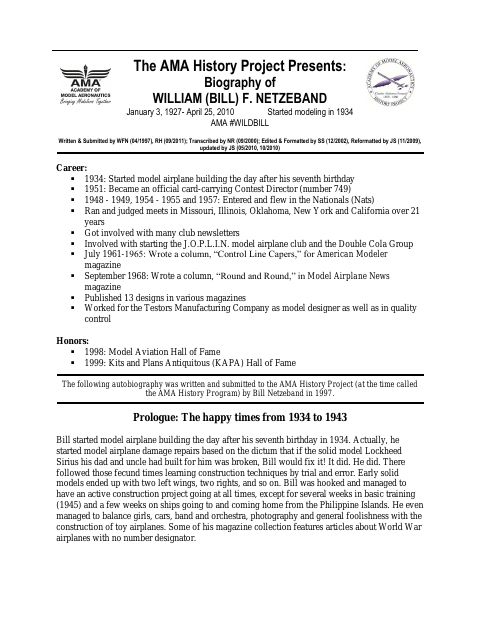 First page of William (Bill) F. Netzeband