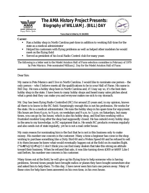 First page of William J. (Bill) Day