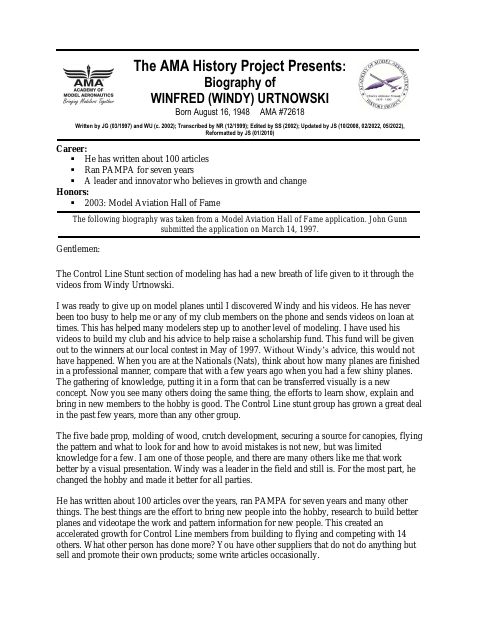 First page of Winfred (Windy) Urtnowski